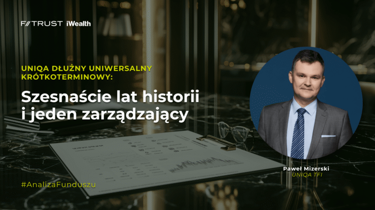 Okładka wpisu zawierającego webinar na temat funduszu UNIQA Dłużny Uniwersalny Krótkoterminowy. Grafika dekoracyjna.
