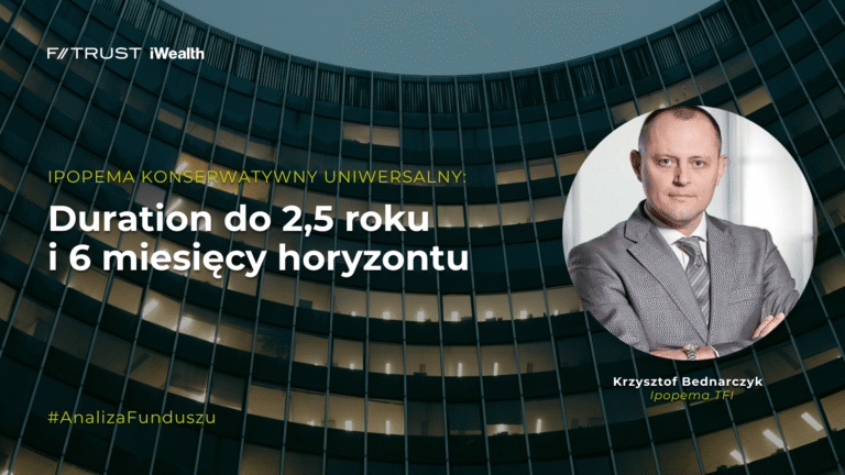 Okładka wpisu zawierającego webinar na temat funduszu Ipopema Konserwatywny Uniwersalny. Grafika dekoracyjna.