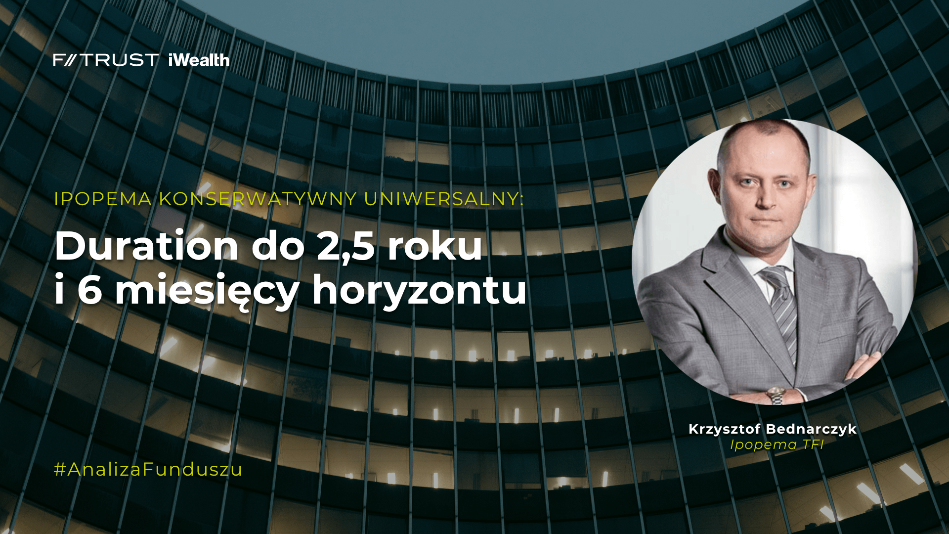 Okładka wpisu zawierającego webinar na temat funduszu Ipopema Konserwatywny Uniwersalny. Grafika dekoracyjna.